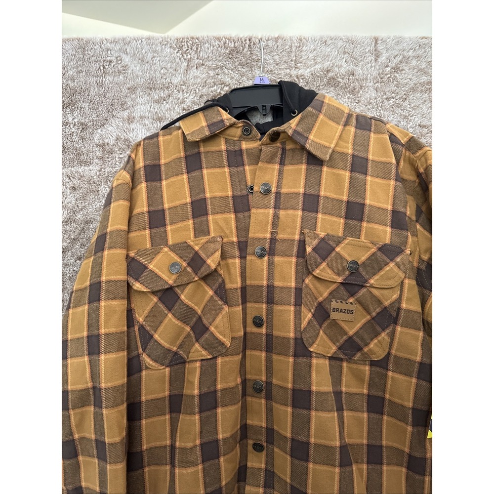 Men's Brazos Workwear Blacksmith Hooded Flannel Jacket Duck Brown Check Small - Picture 3 of 5